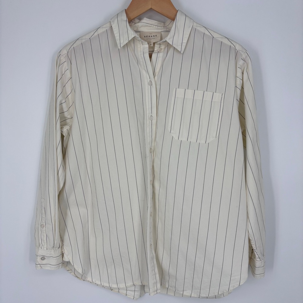 Sezane Tomboy Shirt Womens XS 2 (Tag 34) White Navy Pinstripe Button Down Top